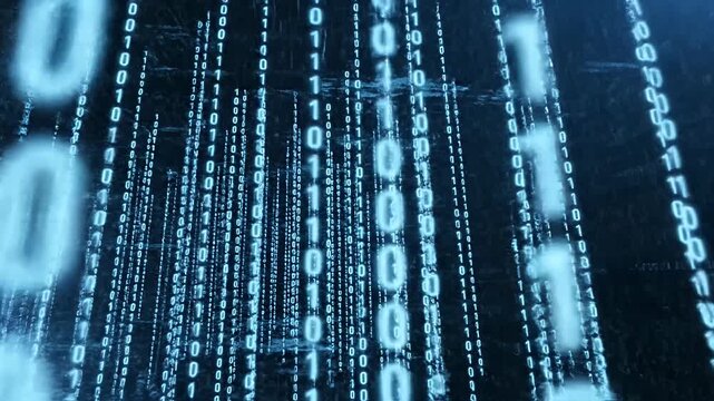Cascading blue binary code numbers on dark screen.