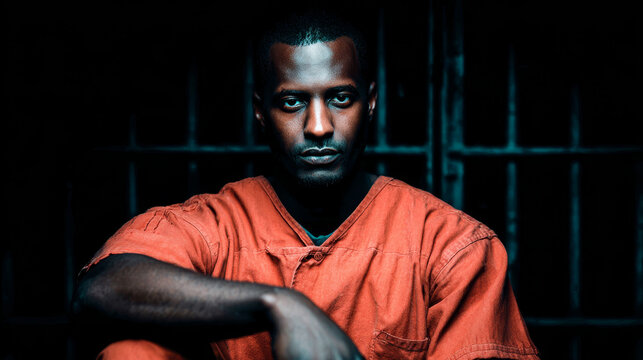 Man in orange jumpsuit looking intensely at the camera in a dark prison cell