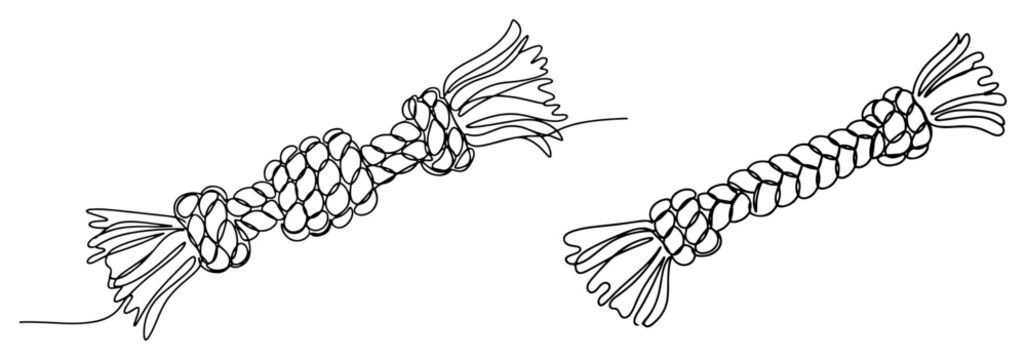 Dog rope toys continuous line drawing set, minimalist cotton knot chew toy vector illustration, one line art of pet accessories for dental health