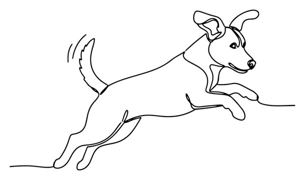 Jumping Jack Russell Terrier dog continuous line drawing, minimalist active puppy leaping vector illustration, simple one line art of happy running canine