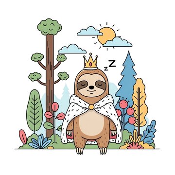 Cute King Sloth Sleeping in Forest.