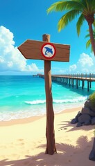 Fototapeta premium Wooden signpost on sandy beach points towards ocean pier. Dolphin symbol on sign indicates marine life presence. Palm trees frame sunny tropical coast.