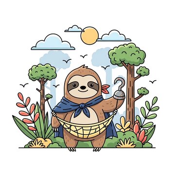 Cute Pirate Sloth Character Holding Hammock.