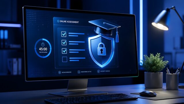 Secure Online Assessment Platform Displayed on a Modern Computer Screen, Emphasizing Digital Education, Exam Integrity, and Remote Learning Technology.