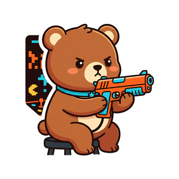 Cute Bear Playing Arcade Game with Light Gun