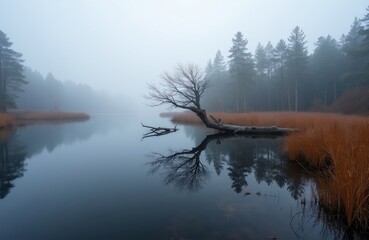 Naklejka premium Foggy morning at swamp lake in autumn season. Calm water reflects bare tree, pine forest. Misty weather creates mysterious atmosphere in nature park. Orange dry grass grows along river bank. Cold air