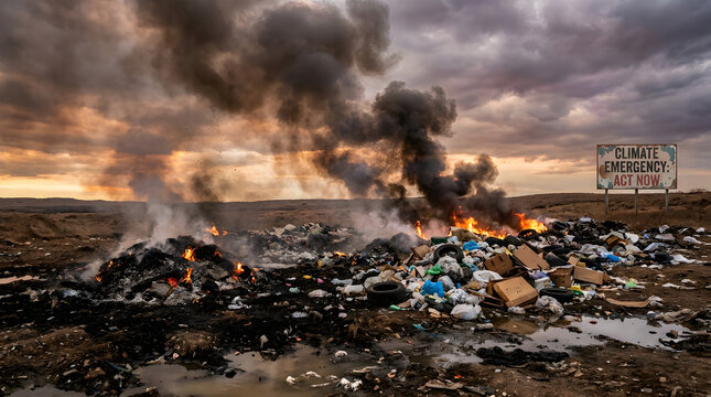 Massive burning landfill with smoke under dramatic cloudy sky and climate emergency sign.