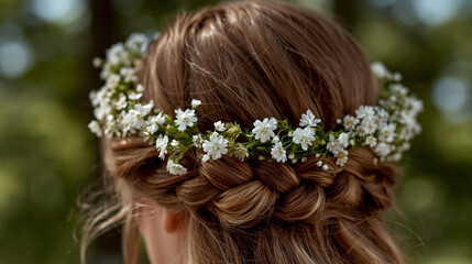 Naklejka premium Rear view of a woman with braided chestnut hair wearing a delicate crown of tiny white wildflowers, set against a soft natural green forest background