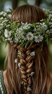Behind view of a woman with long light brown hair in a fishtail braid adorned with a lush crown of white daisies and forest greenery during Mari pagan holiday