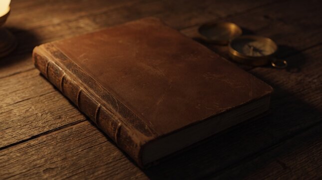 An old, leather-bound book rests on a wooden table, illuminated by a nearby candle. Beside it, a vintage compass suggests a journey of discovery