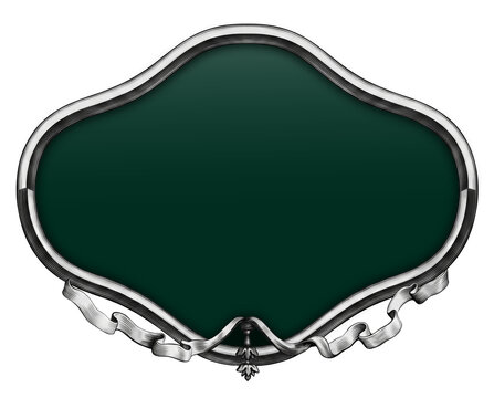 Luxury vintage ornate label. Detailed royal green and greyscale tones frame and ribbon.