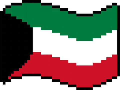 Kuwait national flag pixel art illustration, 8-bit retro wavy Kuwaiti flag icon