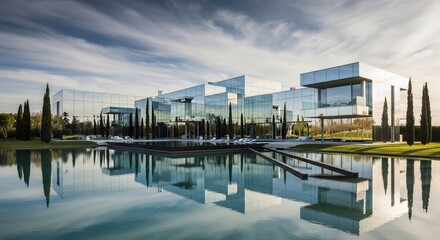 Fototapeta premium Modern mirrored building with water reflection