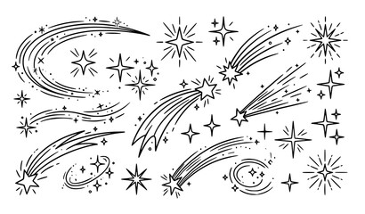 Retro sparkle comet vector icons with shine streaks and star effects isolated on white background © Md Monirul