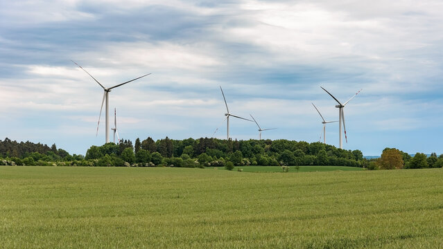 Wind turbines rising above a forest line beyond a green field