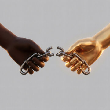 A clean commercial concept image. Two minimalist hands, one stylized in deep dark brown and the other in metallic gold, jointly holding a broken link of a heavy chain. Isolated on a solid, light gray 