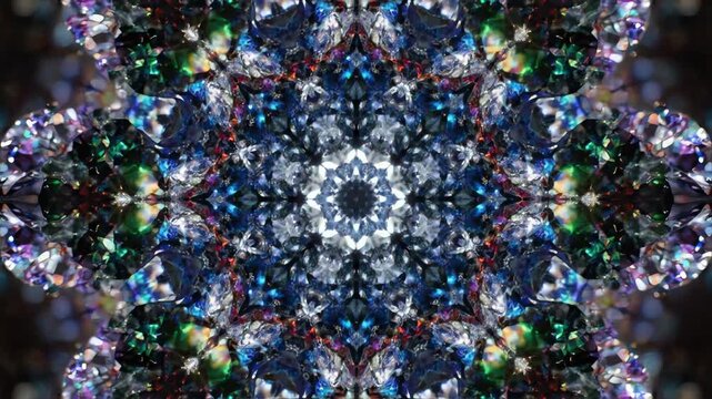 Abstract top down shot of glowing crystalline shards and prismatic diamond textures forming a complex symmetrical kaleidoscope mandala with radiant colors