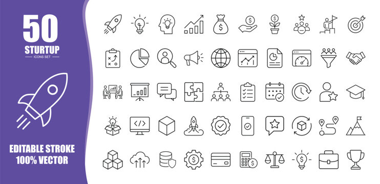 Startup Business Outline Icons Set - 50 Editable Stroke Line Vector Icons for Marketing, Finance, Analytics and Growth