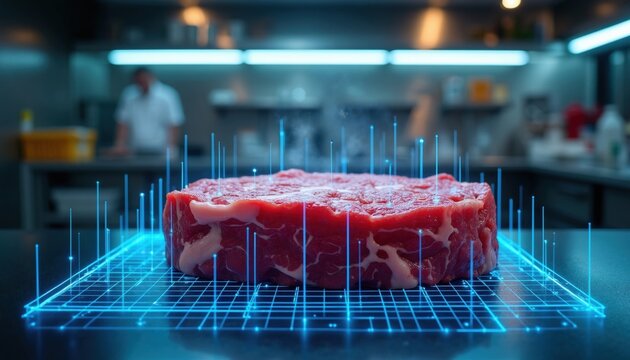 Raw beef steak sits on dark surface with futuristic blue light grid. Digital laser scanning overlay inspects meat quality inside modern lab environment. Innovation technology analyzes food protein