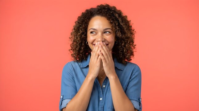 Young woman with curly hair covering her mouth while laughing softly against a vibrant coral studio background during a shoot