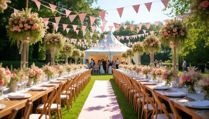 Fototapeta premium Elegant outdoor wedding reception with long dining tables in garden. Floral centerpieces decorate tables under pink bunting flags. Luxury white tent stands on green lawn during sunny day. Guests