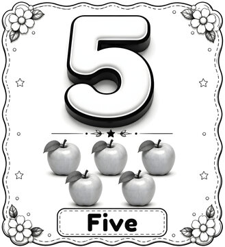 Educational number flashcard showing the digit five with five realistic apples and decorative floral border black and white
