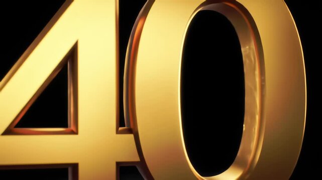 Golden 3D number 40 against a black background representing a fortieth anniversary or birthday with smooth animation and reflective surface