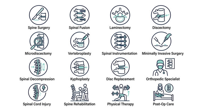 Spine Surgery and Treatment Icons: Surgery, Therapy, Rehabilitation, Specialist
