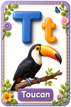Colorful educational flashcard featuring the letter t and a vibrant toucan bird for preschool kids learning alphabet