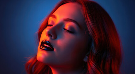 Fototapeta premium Stunning portrait of young woman with red hair wearing dark lipstick illuminated by vibrant red and blue neon light in dark atmosphere studio.