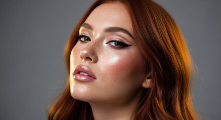 Fototapeta premium Stunning redhead woman with freckles and glowing skin wearing sharp winged eyeliner and pink lip gloss posing against solid gray background.