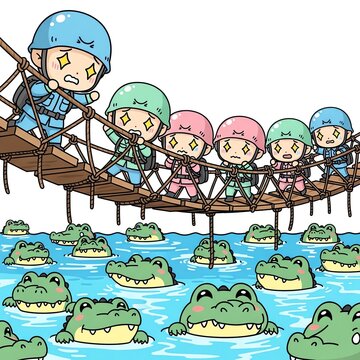 Cartoon soldiers crossing a bridge over crocodiles.