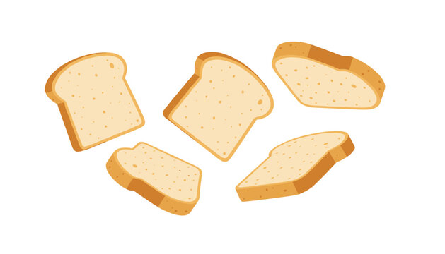 Five toasted slices of wheat bread floating and scattered randomly in the air to showcase variety and fresh morning breakfast ingredients.