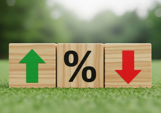Three wooden blocks on grass, green up arrow, percentage symbol, red down arrow, sunny day.