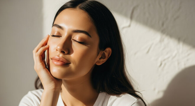 Serene young woman touching face softly with eyes closed bathed in morning sunlight highlighting natural beauty and glowing healthy skin texture.