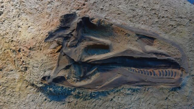 Dinosaur skull fossil exposed in rock revealing prehistoric anatomy details, embedded on display