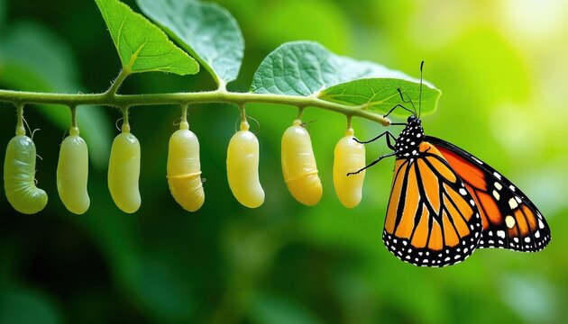 Monarch butterfly stands on green leaf beside rows of hanging chrysalis cocoons. Adult orange winged insect waits near pupa stages of development. Biological life cycle progress displays growth,