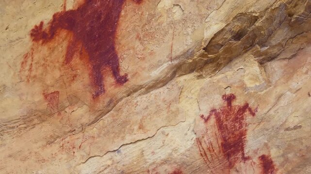 Large red anthropomorphic pictograph painted on sandstone rock wall, strong waving arms and smaller figures below