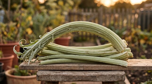 Curved ribbed cardoon stalks layered across rustic boards in warm garden light, showcasing irregular edible stems, crop character, resourceful cooking, whole-plant use, and food sustainability