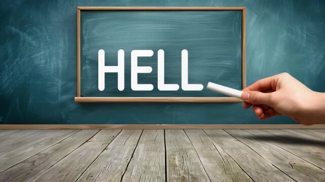 Hell written on chalkboard: A hand holding a piece of chalk writes the word Hell on a green chalkboard, against a wooden floor backdrop.