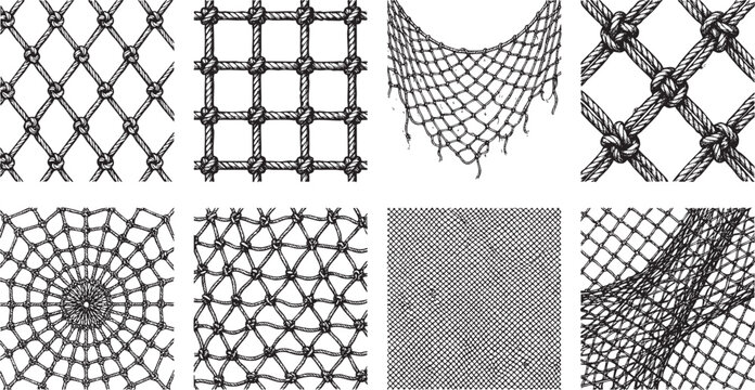 Fishing Net Patterns Engraving Sketch, Hand-Drawn Vector Vintage Nautical Rope Mesh and Knotted Grid Swatches.