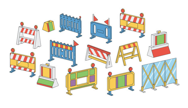 Collection of various isometric road construction barriers and safety barricades used for traffic control and site fencing.