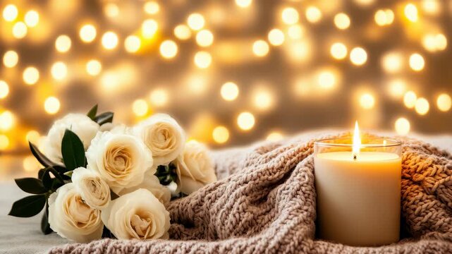 Serene Glow of Remembrance: A delicate bouquet of white roses rests beside a gently flickering candle, nestled against a cozy knitted blanket, with soft.