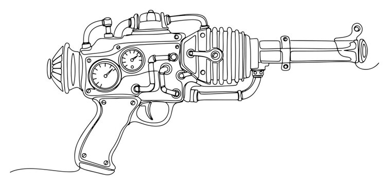 Steampunk raygun blaster with mechanical gauges and pipes in minimalist line art style
