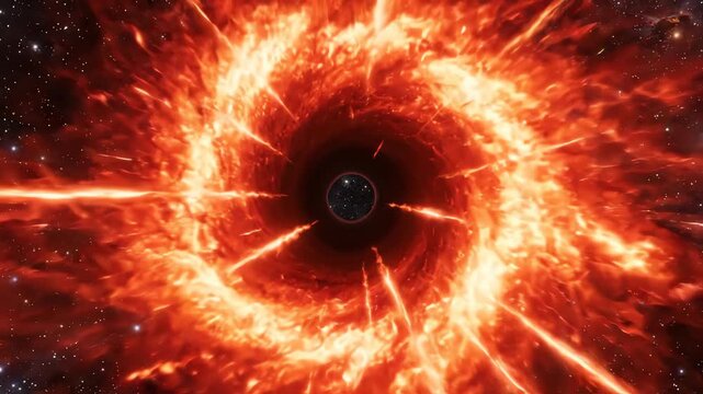 Cinematic view of fiery red and orange gaseous energy streams collapsing inward to form a rapidly accelerating cosmic wormhole in deep space