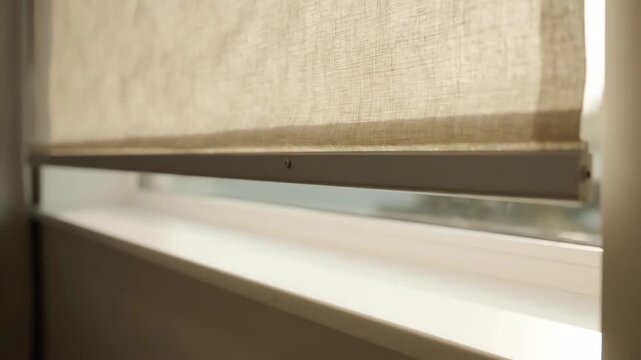 Close up detail of high quality fabric automatic roller blinds descending smoothly for comfort and privacy in a bright contemporary house