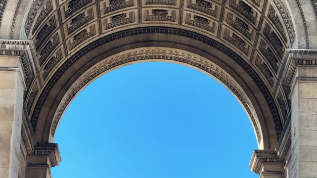 View of the ceiling inside the main archway of the Arc de Triomphe in Paris, France