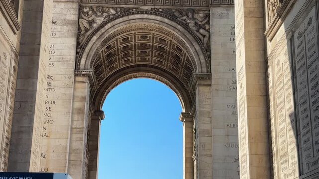 View of the ceiling inside the main archway of the Arc de Triomphe in Paris, France