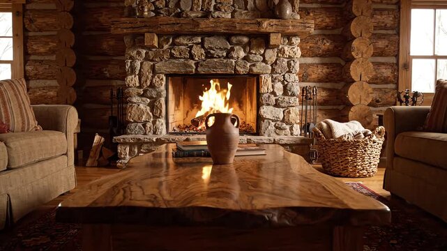 Cinematic wide shot of a rustic living room with a stone fireplace and polished wooden table illuminated by flickering warm firelight
