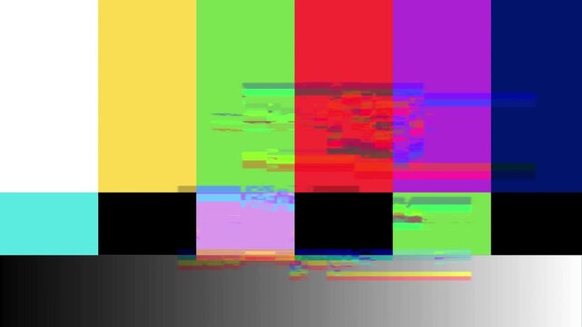Dynamic visual error presenting a vibrant, glitch-ridden television test pattern with prominent color bars and heavy digital distortion, symbolizing signal disruption, data corruption